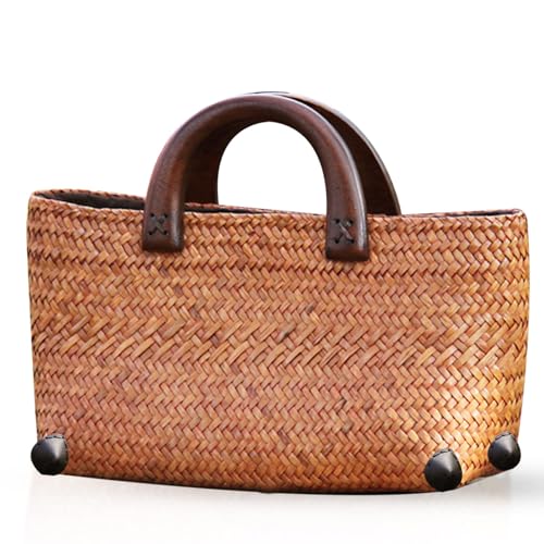 Bolso de paja para mujer con asa redonda de madera miniatura 1