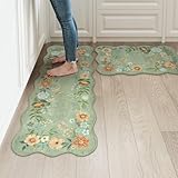 LEEVAN Green Kitchen Rugs Sets of 2,Washable Non Slip Soft Modern Floral Rugs...