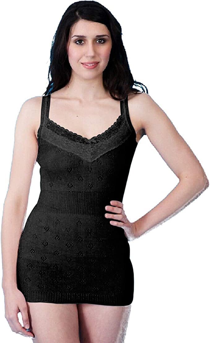 Top Linen (Nw) Ltd Women's French Neck Long Vest With Lace Black Thermal Black Thermal Underwear Vest French Neck Long Vest (, Medium)