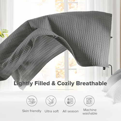 Comfort Spaces Kienna Quilt Set- Double Sided Stitching Design Summer Blanket, Lightweight, Soft, All Season Bedding Layer, Matching Sham, Charcoal, Coverlet Full/Queen(90"x90") 3 Piece