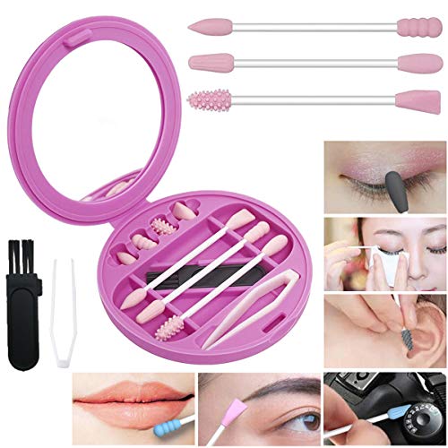 Reusable Cotton Swabs, Portable Silicone Washable Cotton Swab with Dust-Proof Case for Ear Cleaning Makeup Beauty, Double Tipped Silicone Cotton Buds (Pink)