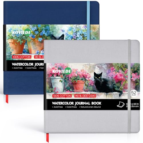 KOVIEDE 8.5x8.5 Watercolor Journal 140LB/300GSM 100% Cotton Water Color Sketchbook Acid-Free Cold Press Watercolor Paper Pad Mixed Media 2 Pack 26 Sheets / 52 Pages Each