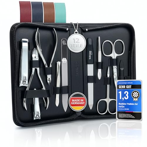 marQus Solingen Maniküre Pediküre Set - 12 Teile in Echt Leder Etui handlich und weich - Komplett Kit mit allem für die Hand- und Fußpflege, Nagelset Schwarz