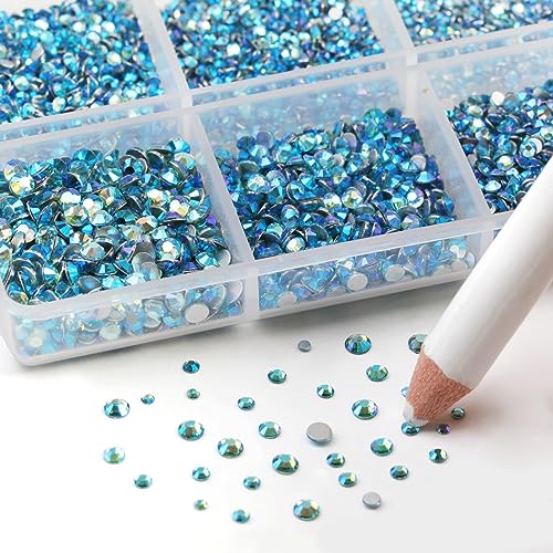 Image of Beadsland Flatback Rhinestones, Aquamarine AB, 7200pcs Mixed 6 Sizes | Glass Nail Gems, Round Crystal, With Wax Pencil Kit, SS3-SS10, Blue AB
