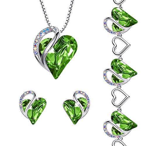 Leafael Infinity Love Crystal Heart Bundle Jewelry Set Peridot Green August Birthstone Gifts for Women Necklace Earrings Bracelet, Silver-tone