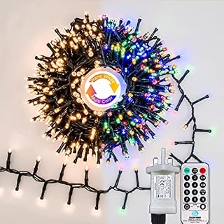 Gresonic 300LED 19.7ft Warm White to Multicolor Christmas Tree String Lights,9 Modes Timer Green Cable Wire Twinkle Lights,IP44 Waterproof Plug in Fairy Lights for Garden Fence Decoration