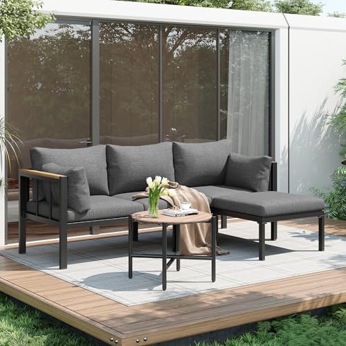 Kebnor Juego de muebles de jardín esquinero, sofá + mesa de café + reposapiés, tubo de acero galvanizado, mesa de cristal, adecuado para jardines, piscinas y otros exteriores, gris (gris (tipo 1))
