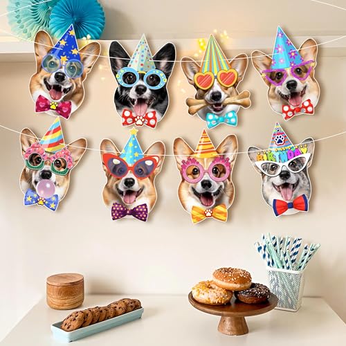 Image of Corgi Birthday Garland - Photographic Corgi Faces Birthday Banner, Funny Welsh Corgi Bday Party Decoration for Corgi Lovers, Easy Assembly, Reusable Corgi Party Decor
