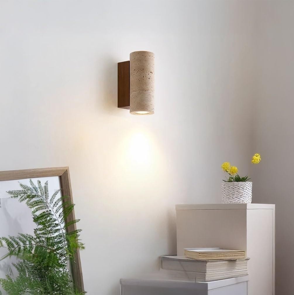 Aplique cilíndrico moderno travertino amarillo estilo nórdico pared | Aplique pared piedra natural base madera maciza for dormitorio salón pasillo(23 cm)