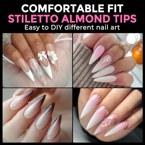 Image of UNA GELLA Long Stiletto Gel Nail Tips: 216pcs Halloween Stiletto Almond Fake Nails Pre-shape Long Almond Press Ons for Full Cover Acrylic French False Nails For Nail Extension DIY Salon 12 Sizes