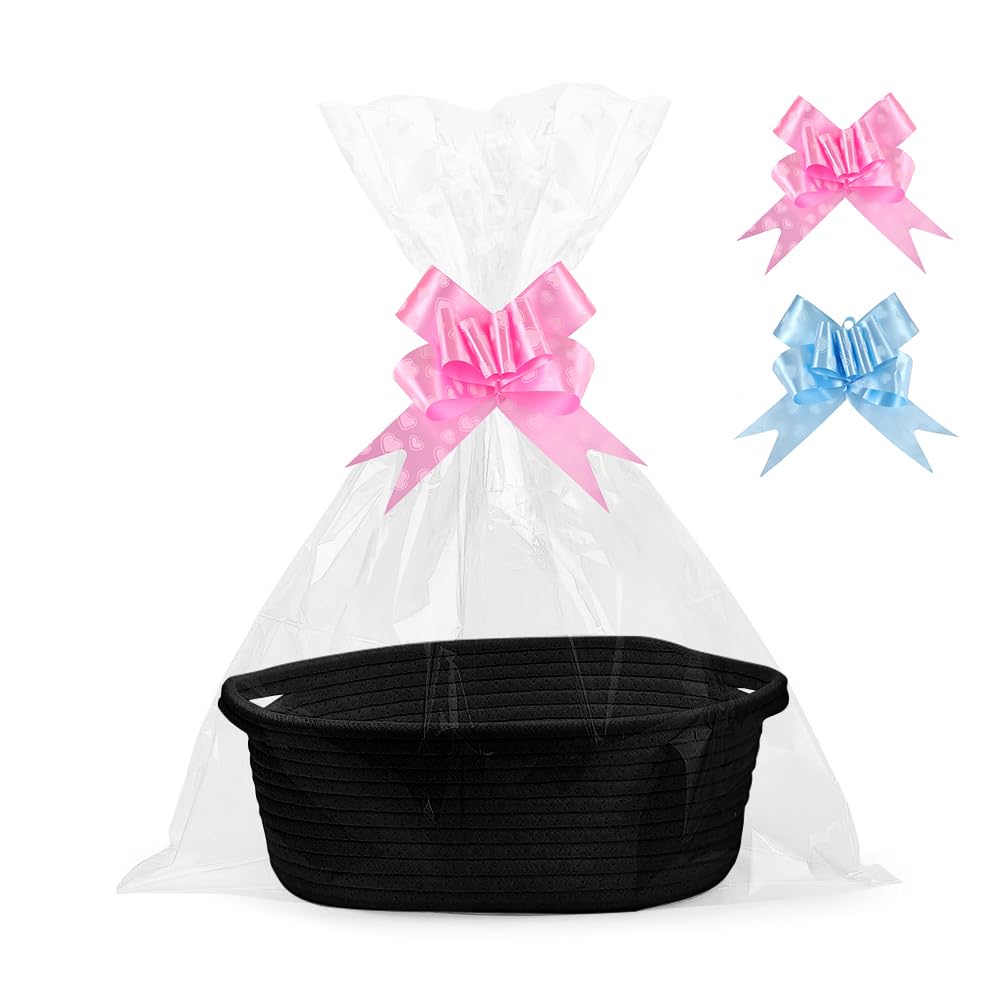 Hojalis Gift Basket, Woven Rope Basket with Cellophane Bags & Pull Bows, Woven Storage Baskets with Handles, Empty Hamper Baskets for Baby Shower, Wedding, Birthday, Easter, Christmas(Black)
