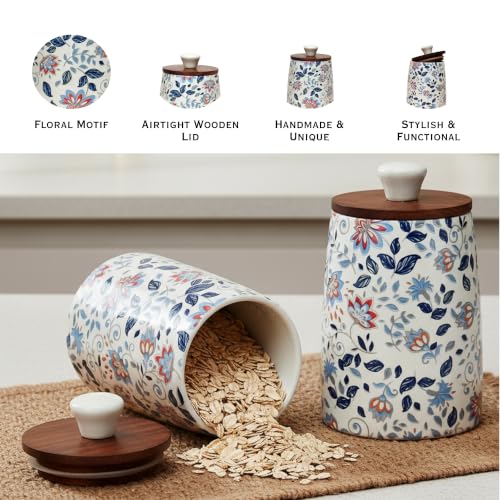 Image of Vistas 'Blue Bloom' Airtight 450ml Set of 2 Straight Ceramic Jar for Kitchen Storage | Handcrafted Ceramic Barni with Wooden Lid | Multipurpose Pickle, Spice, Salt, Sugar, Coffee & Achar Container.