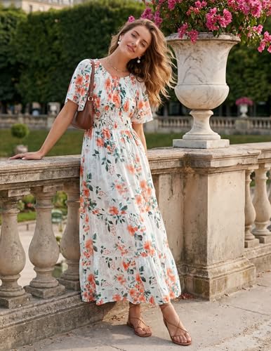 Image of ZESICA Women's 2026 Summer Boho Floral Maxi Dresses Casual Short Flutter Sleeve Smocked Tiered Flowy Dress