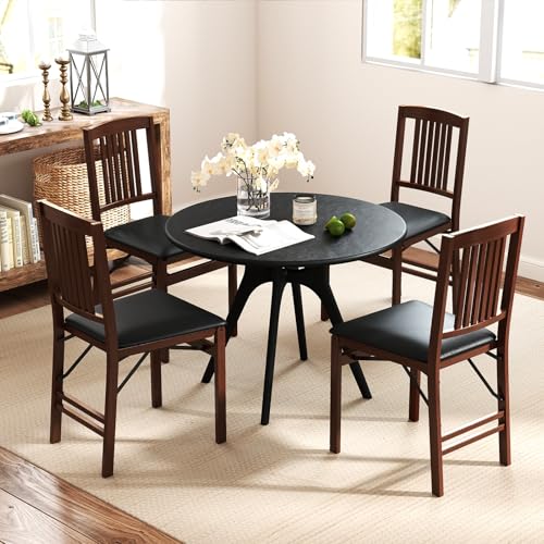 Image of COSTWAY Folding Dining Chairs Set of 4, Wooden Kitchen Side Chairs w /Padded Seat, Solid Wood Frame, 400 LBS Load Bearing, No Assembly Needed, Vintage Foldable Chairs for Dining Room, Living Room