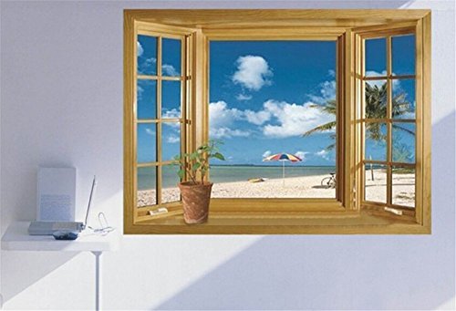 He Yang Window 3D Beach View Flowers Sea Wall