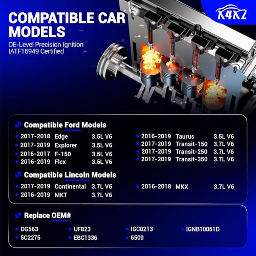 Image of UF823 Ignition Coil & SP411 Double Iridium Spark Plugs Replace# DG563 6509 | Fits for 2016 2017 2018 2019 Ford F-150 Explorer /Edge /Transit-150 /250 /350 /Flex /Taurus, Lincoln Continental /MKT /MKX 3.5L 3.7L
