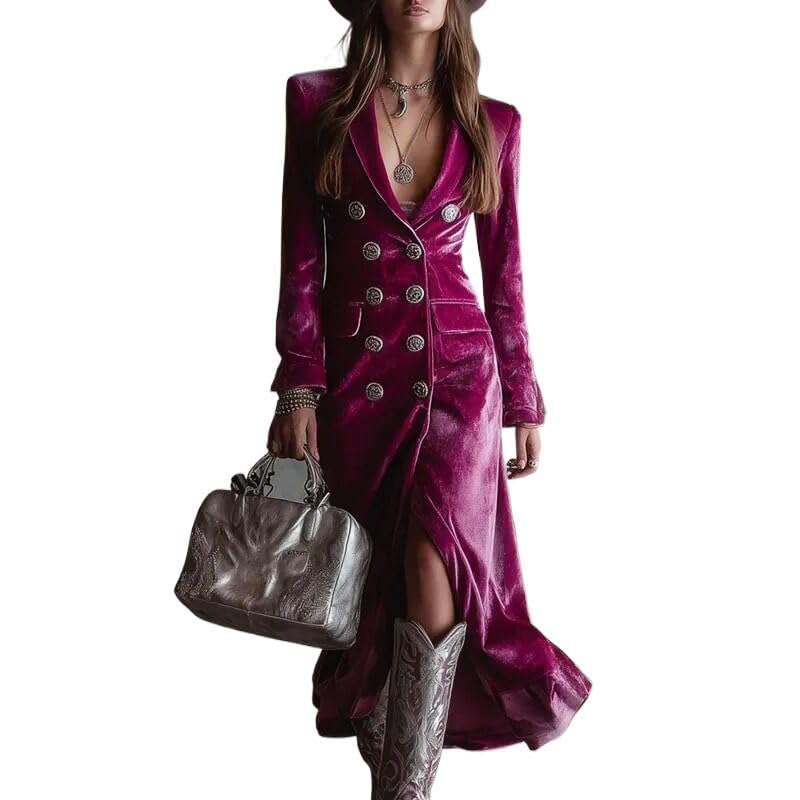 Fall Winter Double Breasted Cardigan Dress Woman Lapel Hollow Long Dress Long Sleeve Office Dresses Red XL