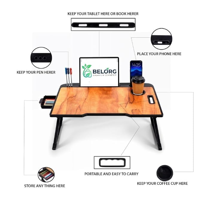 Image of Wood Smart Multipurpose Foldable Laptop Table with Cup Holder, Study Table, Bed Table, Breakfast Table, Foldable and Portable /Ergonomic & Rounded Edges /Non-Slip Legs (BROWEN)