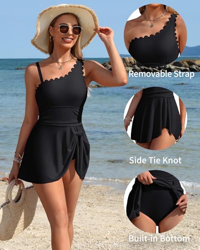 Image of Charmo One Shoulder One Piece Swimsuit Women Tummy Control Bathing Suit with Skirt Tie Knot Cute Scalloped Swimdress