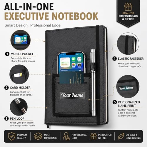 Image of Personalised Name PRINT | A5 Executive Notebook Diary with Mobile Holder, Card Slot & Pen Loop | Premium PU Leather Journal for Office, Meetings & Corporate Gifting | Office Diary & notebook