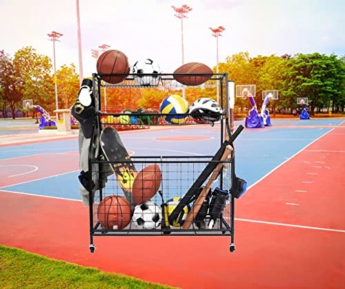 Garage-Sports-Equipment-Organizer-Ball-Storage-Rack-Sports-Gear-Basketball-Storage-with-Baskets-and-Hooks-Outdoor-Heavy-Duty-Storage-Rolling-Cart-Football-Rugby-Organizer Garage Sports Equipment Organizer Ball Storage Rack Sports Gear Basketball Storage with Baskets and Hooks Outdoor Heavy Duty Storage Rolling Cart Football Rugby Organizer