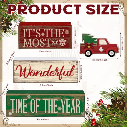 Image of Moucuny 4 Pcs Christmas Decor Wooden Red Truck Winter Tiered Tray Decor Rustic Merry Christmas Table Centerpiece Wood Red Truck Block Sign Gift Farmhouse for Home Kitchen Tabletop Office Shelf