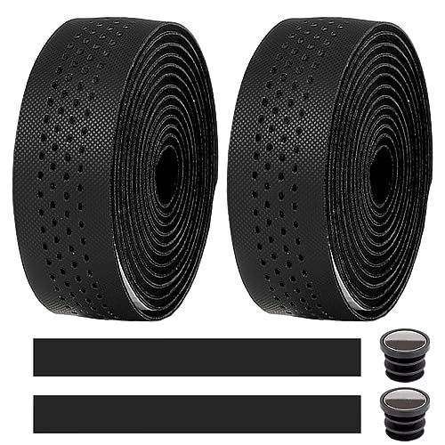 MOCNT 2 Piezas Cinta de Manillar de Bicicleta Carretera Ciclismo Cinta de Esponja EVA PU Cuero Bandas Autoadhesivas Antideslizante Transpirable con Tapón Extremo Barra Negro