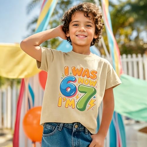 Weripoah I was 6 Now Im 7 Birthday Decorations Shirts Boy 7yr Old Gifts Shirt Boys 7th Party Graphic Tee Cute Tshirt for Kids(Apricot,130)