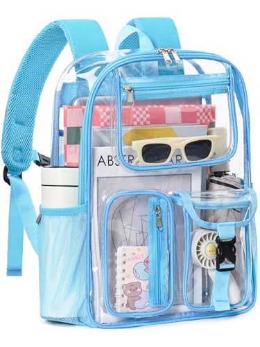 Image of Heavy Duty Clear Backpack For School, 17 Inch Large Clear Bookbag For Kids Boys Girls Women Men, 360 3M Reflective Strips See Through Backpack, Multi-Pockets Tranparent Bag, Light Blue