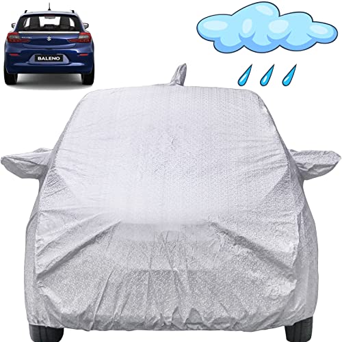 Image of Baleno Waterproof Car Cover with Mirror & Antenna Pockets, Shinning Silver Design, Non Woven Fabric,Triple Stitched, Compatible with Maruti Baleno Car Cover (2015 to 2024), Baleno Car Accessories