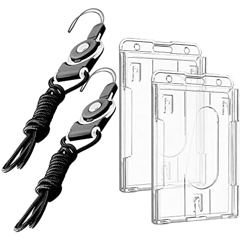 2 Pack Heavy Name Card Holder Work Badge Holders with Carabiner Reel Clip&Vertical Style Clear ID Card Holders, 24 inches Cord (clearcard-Rope) Cover