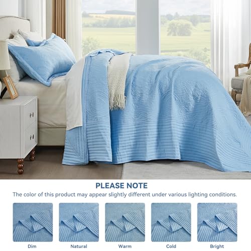 Image of ENJOHOS Light Blue California King Quilt Set, Oversized King Bedspreads 128x120, 3 Piece Soft Lightweight Extra Wide Microfiber Quilts, Vintage Boho Striped Pattern Summer Coverlet