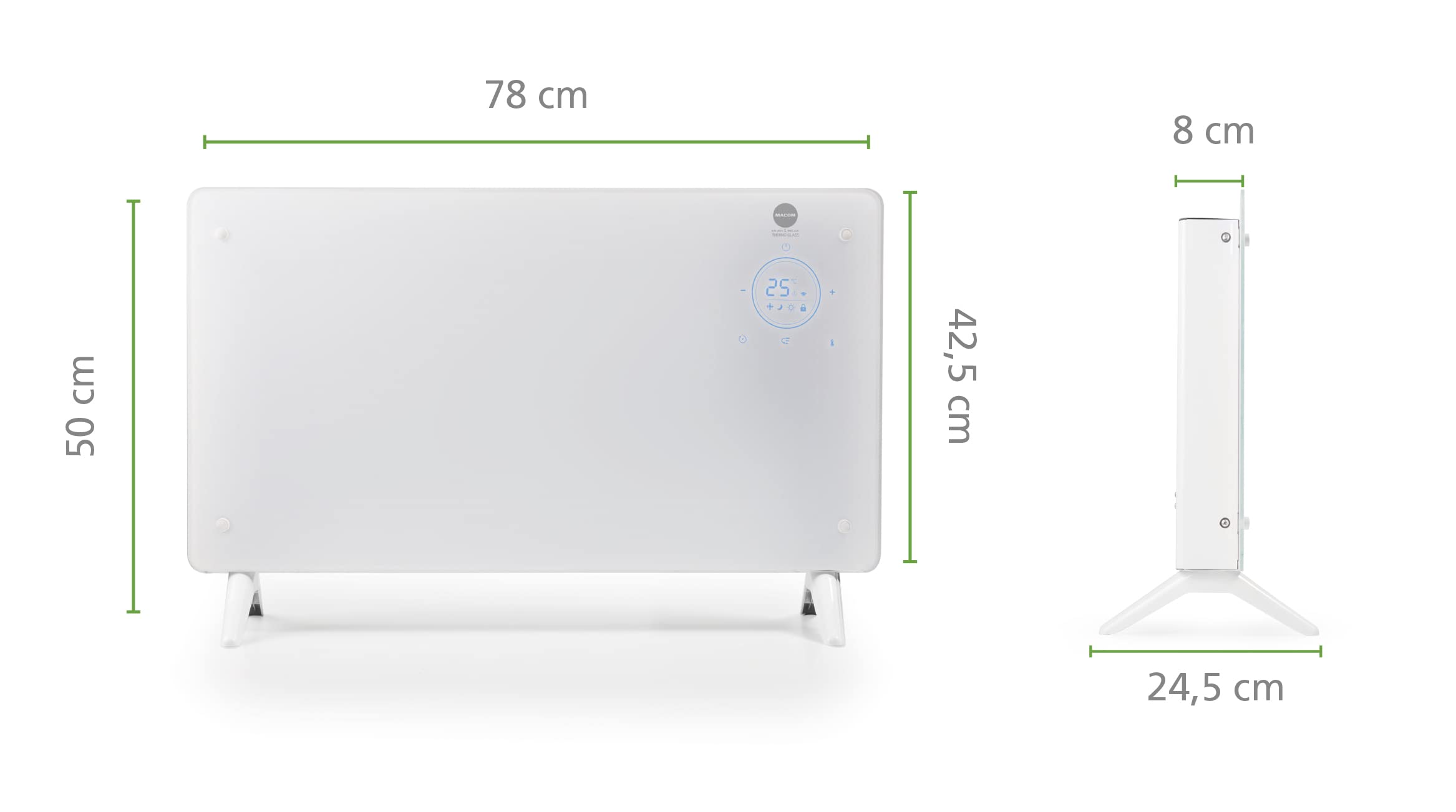MACOM, Elegante Termoconvettore in vetro temperato,riscaldamento rapido, 1000/2000 W, Tlc, timer 24h, termostato ambiente, montaggio a parete con staffe in dotazione, Enjoy & Relax 937 Thermo Glass