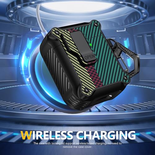 Image of RFUNGUANGO for Airpods 2nd and 1st Generation Protective Cases Automatic Pop-up with Safety Lock Clip, Full Body Shockproof Hard Case with Keychain (Cleaning Tool)-Carbon Fiber Green