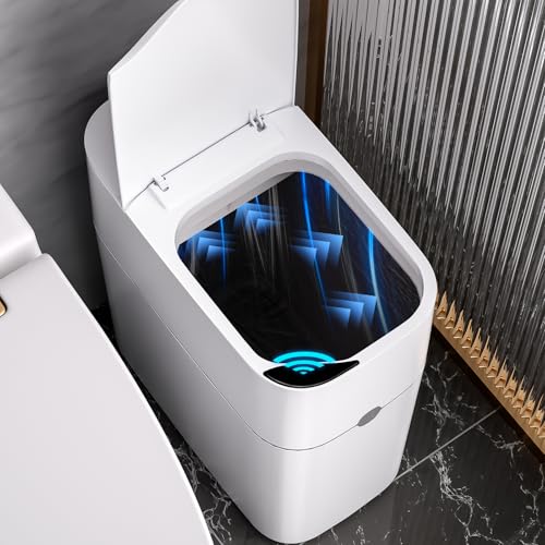 Image of MOPUP Bathroom Trash Can, Automatic Bagging Garbage Can, 3.5 Gallon Slim Smart Small Plastic Trash Bin, Narrow Motion Sensor Trash Can for Bedroom, Office White