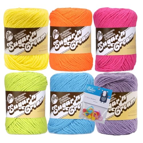 Image of Lily Sugar'n Cream 100% Cotton Yarn 6-Pack Bundle with Bella's Crafts Stitch Markers (Hot Rainbow)
