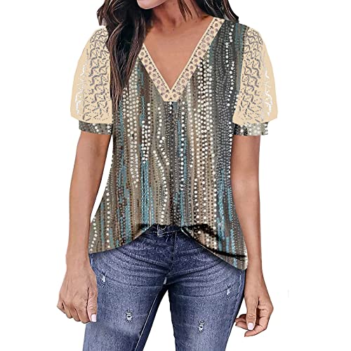 Blusa feminina de manga curta com gola V casual de renda e estampa feminina grossa (11-cinza, P)