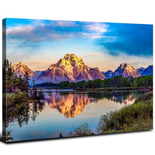 Image of Nature Forest Canvas Wall Art Rustic Snow Mountain Wall Pictures for Bathroom Decor Orange Sunset National Park Panoramic Paintings Prints Yosemite Lake Landscape Artwork Modern Home Decoration 24x36 inch
