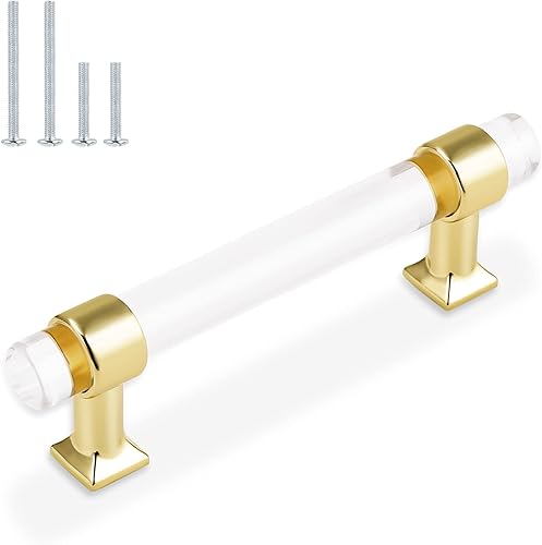 Orger - Paquete de 25 manijas de gabinete de cocina de acrílico de cristal con acabado dorado de 3.75 pulgadas, manijas centrales para gabinetes,