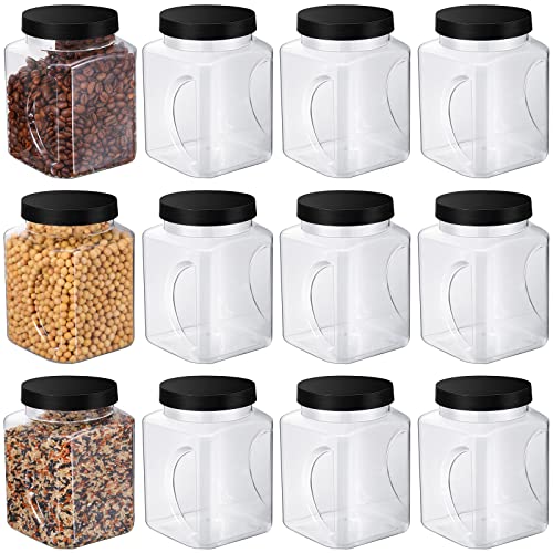 Gerrii 12 Pack 32 oz Plastic Storage Jars with Lids Bulk Clear Grip Containers with Wide Mouth, Wide Mouth Pantry Dry Food Storage Canisters Jars for Flour, Rice, Coffee, Sugar, Honey, Black Lids