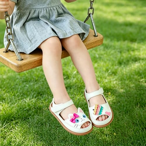Image of Toddler Girl Sandals with Flower, ‌Breathable Leather kids Closed Toe Sandals, Soft Rubber Non-Slip Summer Shoes for Little Girls 2-7 Years