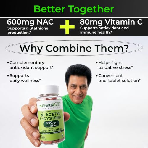 Image of Health Veda Organics N-Acetyl L-Cysteine (NAC) 600 mg | 60 Veg Tablets (Pack of 2) | Lung, Respiratory Support & Antioxidant Supplement