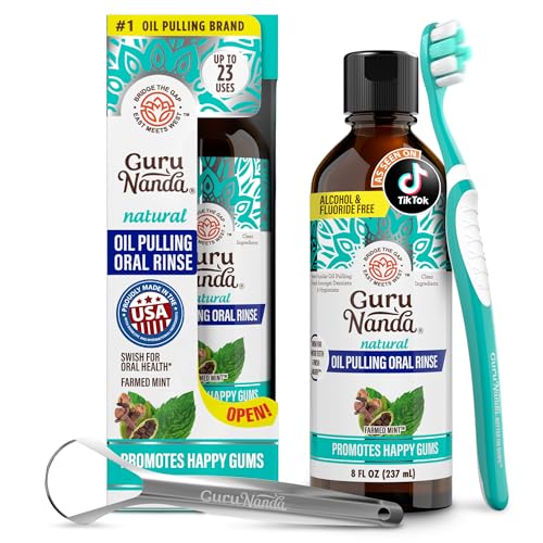 GuruNanda CocoMint Oil Pulling Mouthwash for Complete Oral Hygiene, 7 Essential Oils & Vitamins for Happy Teeth & Gums & Fresh Breath , Alcohol-Free, 8 oz
