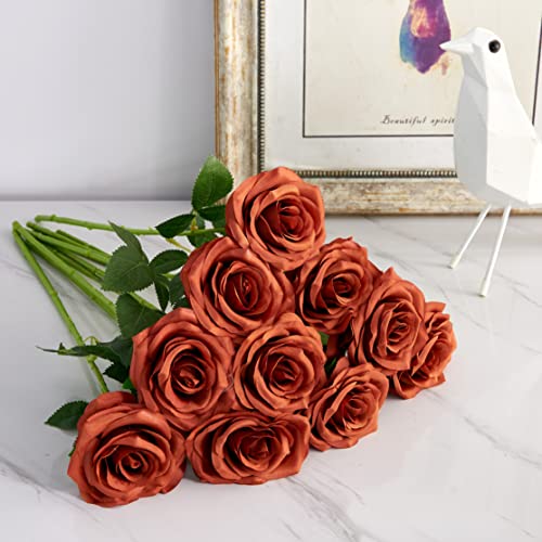 Iuknot Artificial Rose 10Pcs Open Flower Bouquet Faux Rose Stems For Wedding Arrangement, Bridal Bouquet, Centerpiece, Fake Faux Silk Flowers (Burnt Orange) #TOP4