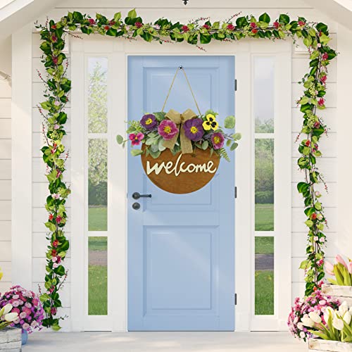 Artificial Spring Wreath Welcome Sign With Poppy, Pansy, Eucalyptus Leaves, Lavender Tassels, Fern Branches For Front Door Porch Farmhouse Home Decor, White Gift Box Included #TOP1