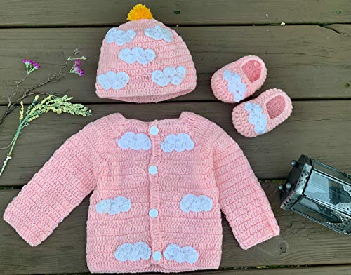Newborn Cozy Warm Baby Sweater Set -Hand Made Baby Crochet Set -Pink/Blue Knit Cardigan With Booties & Hat Gift Set (0-6 Month, Pink White) #TOP2