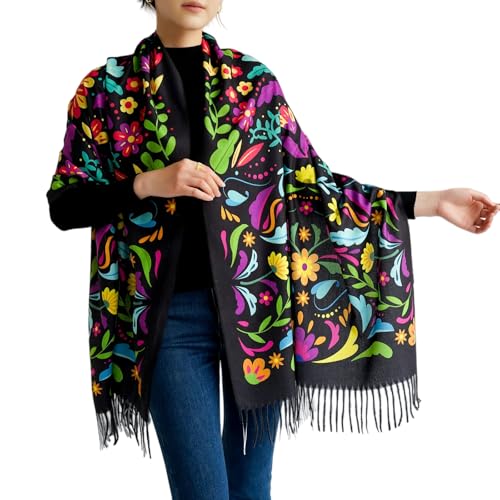Mexican Otomi Boho Marigold Floral Shawl Wraps Da de los Muertos & Harvest Festival Rebozos Mexicanos Blanket Scarf for Women Teacher Mother Family Gifts