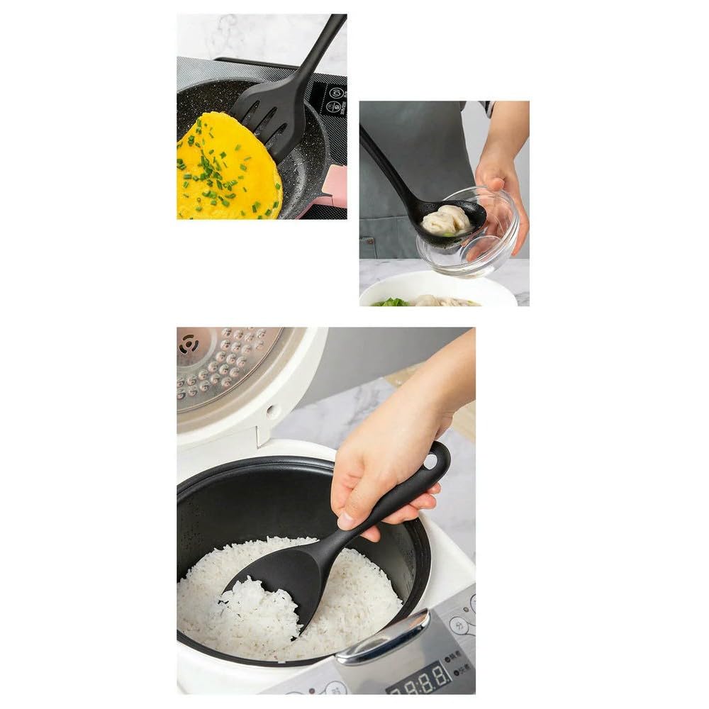 WLDMA Ensemble d'ustensiles de cuisine noirs en silicone de qualité alimentaire avec spatule, pelle à soupe, cuillère à soupe, ustensiles de cuisine BPA