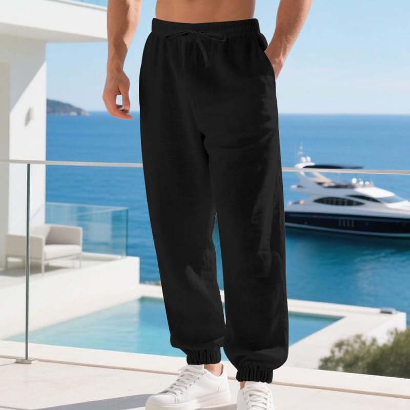 Men's Linen Joggers Summer Beach Lightweight Drawstring Yoga Pants with Pockets & Elastic Cuffs2