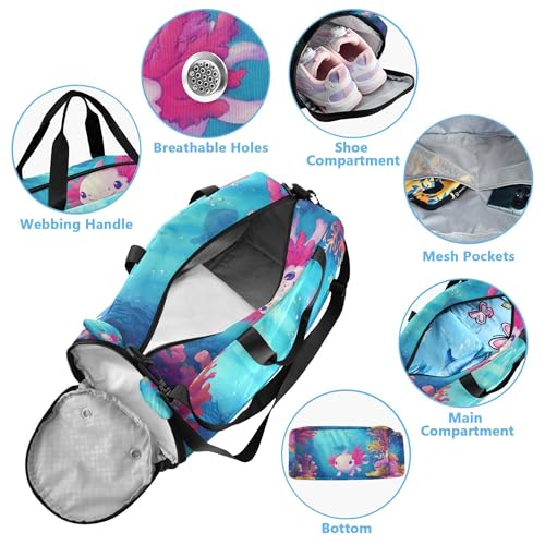 Underwater Cute Pink Axolotl Sports Duffle Bag for Teens Girls Boys, Gym Bag with Shoe Compartment, Kids Travel Overnight Weekender Shoulder Bag4